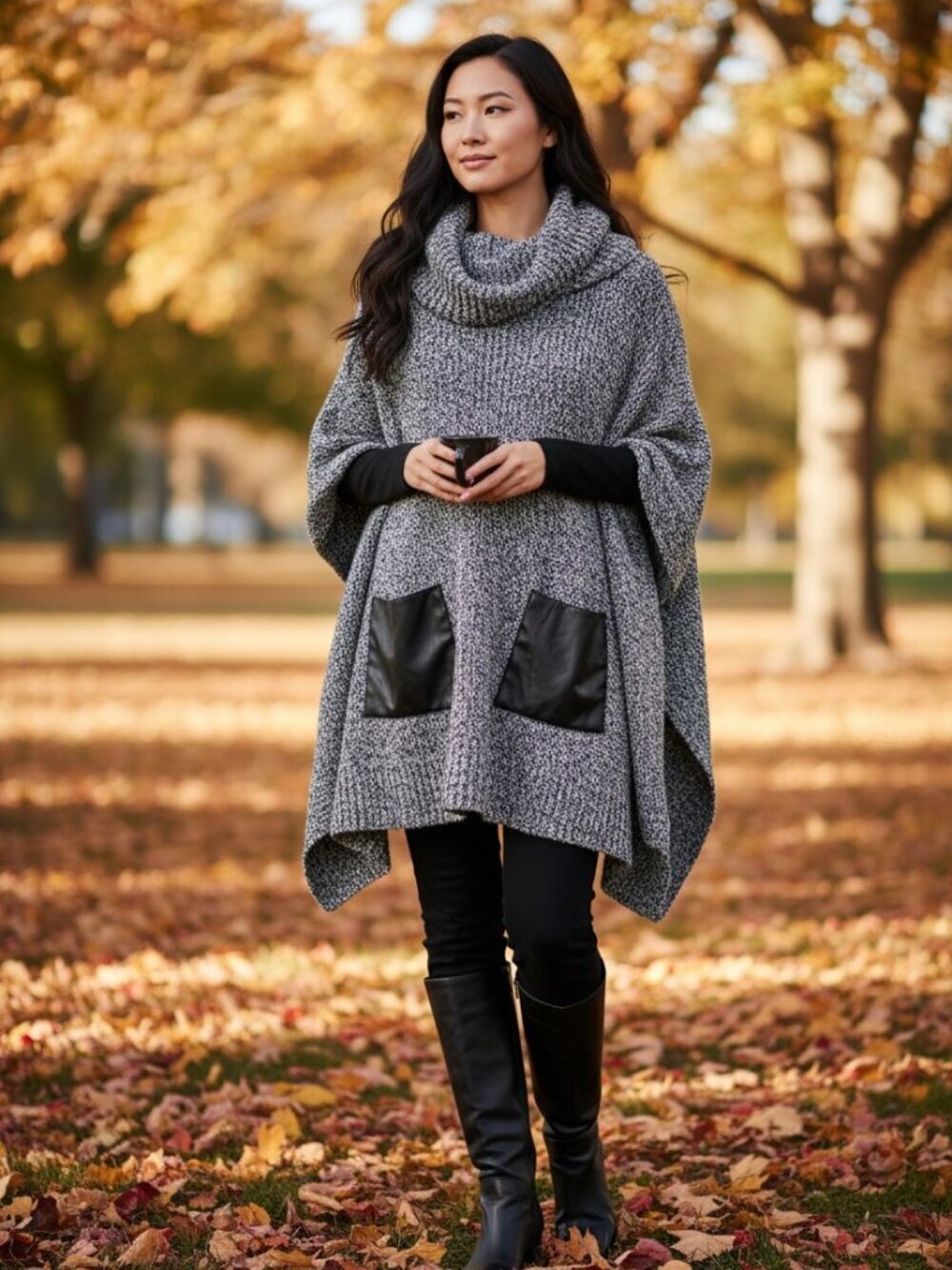 Womens NEW Gray Poncho Cape Cowl Neck Ribbed Sweater Lagenlook Pockets Old Money